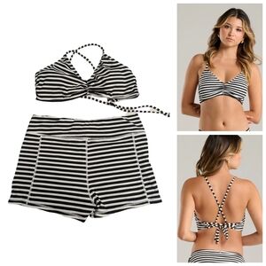 Shorts Bikini Set with Crossback Cami Black White Striped & Ribbed Fabric NWOT